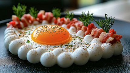 Sunny-side-up egg plated as an artistic landscape