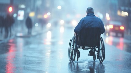 Obraz premium A man in a wheelchair moves through a wet urban street as rain falls, with city lights blurred in the background during twilight
