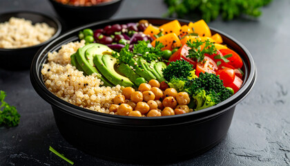 Healthy lunch in black plastic bowl. Food delivery. Tasty dish. Cooking and culinary concept.