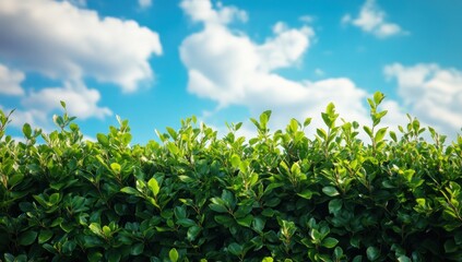 Green hedge against a bright blue sky with fluffy white clouds