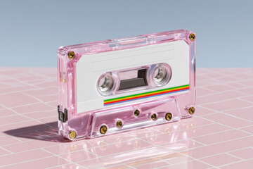 Pink transparent cassette tape lying on pink tiled surface