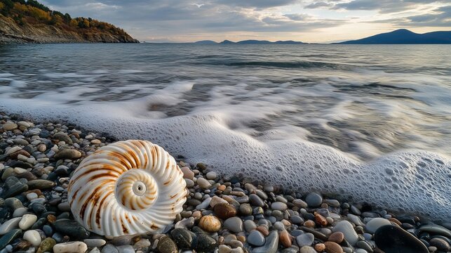Spiral seashell on a rocky beach with waves and distant mountains under a cloudy sky in the background - Powered by Adobe