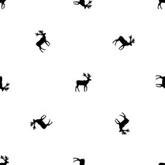 Seamless pattern of repeated black deer symbols. Elements are evenly spaced and some are rotated. Illustration on transparent background