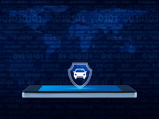 Car with shield icon on modern smart mobile phone screen over world map and computer binary code blue background, Business automobile insurance online concept, Elements of this image furnished by NASA