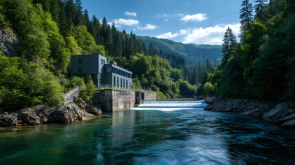 Fototapeta premium A modern hydroelectric power station sits by a clear river, surrounded by dense green forest and mountains under a bright blue sky.