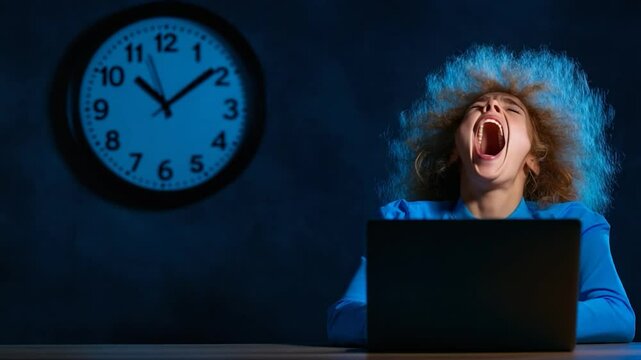 Exhausted Woman Yawning at Laptop Late at Night