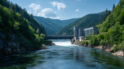 Fototapeta premium A hydroelectric dam spans a river between forested mountains under a bright blue sky.