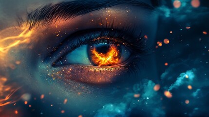 Close up of a human eye with a fiery iris surrounded by swirling blue and orange bokeh effects