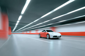 Fototapeta premium White sports car driving fast in illuminated tunnel