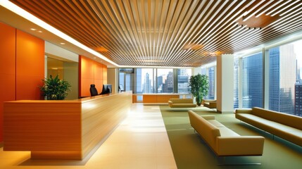 Modern Corporate Lobby with Stylish Design and Panoramic City Views showcasing elegance and professionalism in a contemporary space