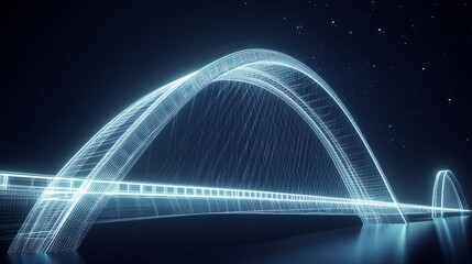 A futuristic wireframe bridge design illuminated against a dark starry night background illustration