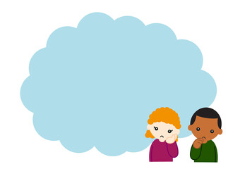 コピースペース　考える白人の女の子と黒人の男の子