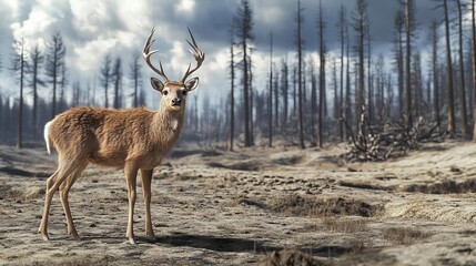 A deer standing in a barren landscape with dead trees under a cloudy sky looking at the camera view