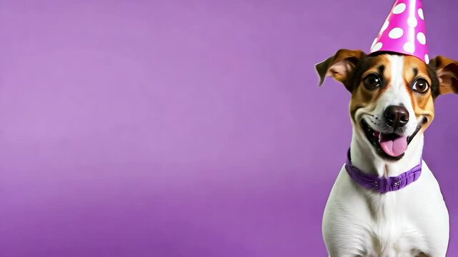 Funny and cheerful dog in a festive birthday cap smiles on a purple background. Family member, four-legged friend, pets, pet care, copy space, holiday.