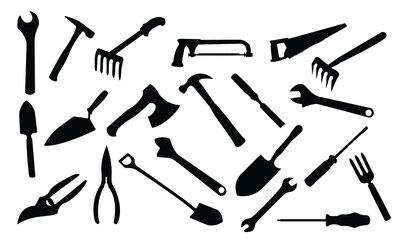 Tool set vector illustration with silhouettes of hammer wrench screwdriver and other construction and repair equipment