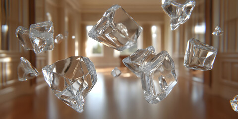 Shattered Glass Fragments Floating in Elegant Hallway