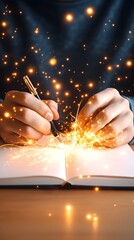 Hands holding a pen, writing in a notebook, sparks and light emanating from the paper, creating a magical effect