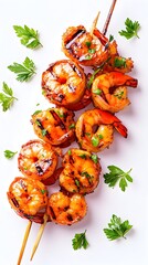 Grilled shrimp skewers, glistening with glaze, adorned with fresh parsley sprigs on a white background