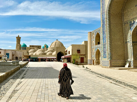 Bukhara, Uzbekistan Aerial view of Kalan Minaret Emir and Alim Khan madrasah of Po-i-Kalan - islamic religious complex