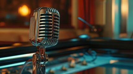 Close up shot of a vintage microphone on a stand with a blurred background in a dimly lit room