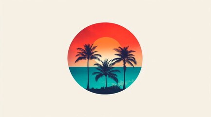Retro sunset with palm trees on the beach on a light background, 80s style, vector graphics, 2D graphics.