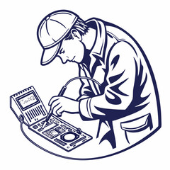 Vector illustration of technician using multimeter on a motherboard, isolated on transparent background