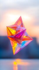 Iridescent geometric form floats against a blurred sunset backdrop, reflecting light