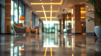 A blurred view of a hotel lobby with a shiny floor and potted plant near an orange lamp and chairs