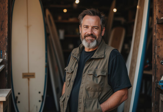 Surfboard shaper smiling outside his workshop, showcasing craftsmanship