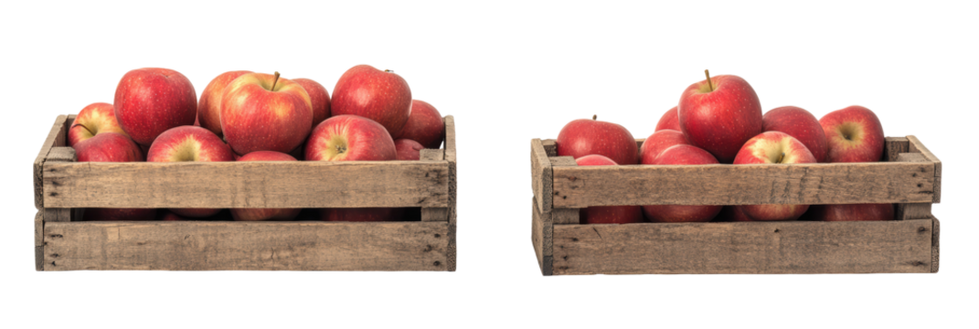 Two wooden crates brimming with ripe, red apples
