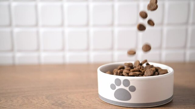 Dry pet food being poured into bowl for dog. White dish filled with nutritious, mineral rich kibble for dogs or cats. Healthy snack for pets in bowl.