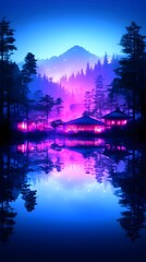 Serene lakeside village nestled in a misty, neon-lit mountain valley, reflecting in tranquil waters at twilight