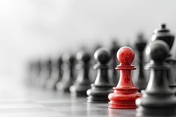 A red chess piece stands out in the middle of black ones on a white background. One black and many red pawns stand next to each other along a straight line. 