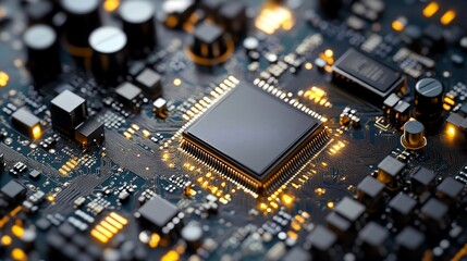 A close up shot of a computer chip with visible circuitry and glowing lights on a dark surface board