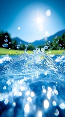 Vibrant water splash against sunlit, idyllic landscape;  sparkling water droplets and bokeh effects