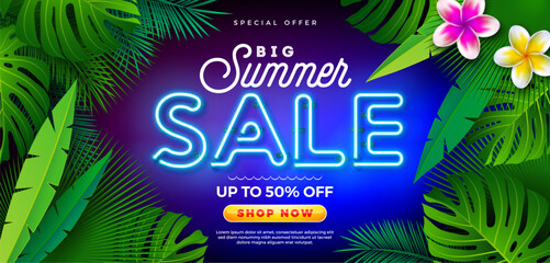 Summer Sale Design with Flower and Glowing Neon Light on Fluorescent Tropic Leaves Background. Tropical Floral Vector Illustration with Special Offer Typography for Coupon, Voucher, Banner, Flyer