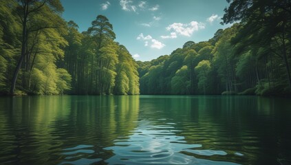 Fototapeta premium Serene lake reflection of lush green forest with a clear sky backdrop