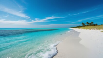 Idyllic tropical beach with white sand, clear turquoise water and blue sky