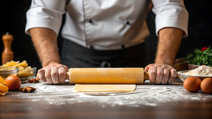 Foodie travel private jet foodie chef rolls dough on floured wooden table preparing food for travel in private jet kitchen