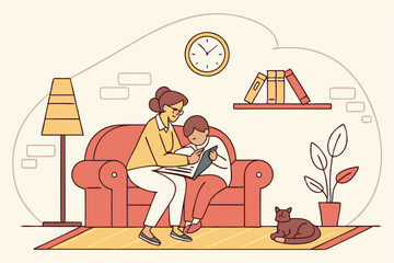 Happy Family  Reading Book With Children Indoors – Cozy Home Moments, Parenting, and Early Childhood Education Vector Illustration