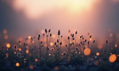 Fototapeta premium Dew-Covered Plants at Sunrise with Soft Bokeh Lights