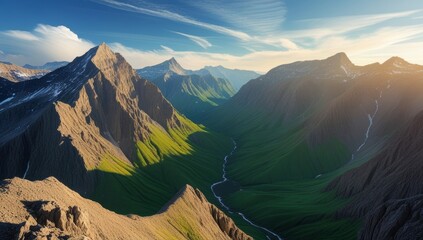 Scenic mountain range landscape with a river winding through a green valley