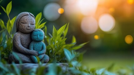 Fototapeta premium A tender stone sculpture depicts a mother embracing her child amidst lush plants, illuminated by gentle sunlight creating a serene atmosphere