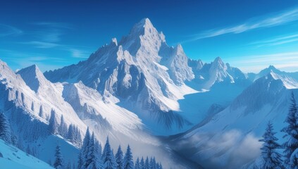 Majestic snowy mountain range under a clear blue sky in a serene winter landscape