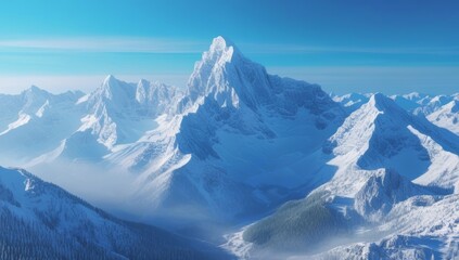 Snow-Capped Mountain Range Under a Clear Blue Sky in Winter Season