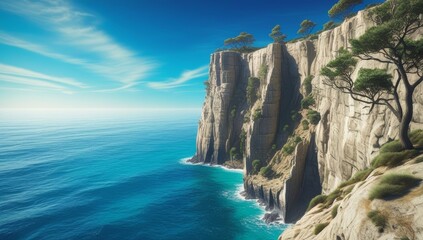 Idyllic Cliffside Landscape with Azure Sea and Towering Rock Formations Scenic View