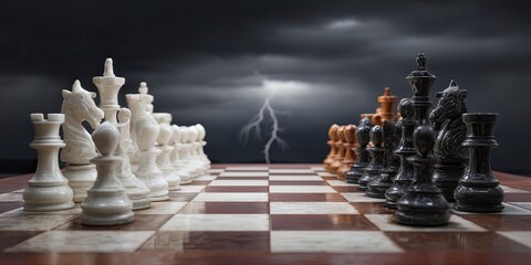 Black and white chess pieces on a chessboard with a thunderstorm background. Business competition concept. 