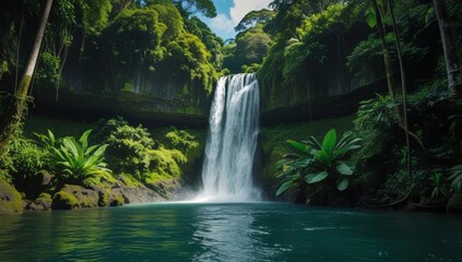 Majestic Waterfall Splashing into Tranquil Pool Amidst Lush Green Tropical Forest