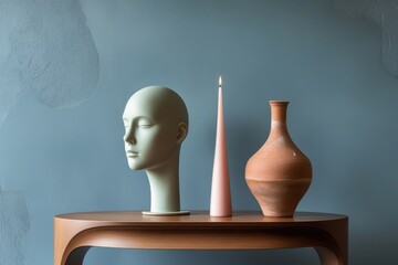 Stylish Shelf Decor with Sculpture, Pink Candle, and Vase on Blue Wall  

