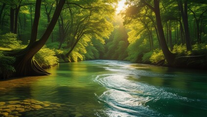 Enchanting river flows through a lush green forest under sunlight rays